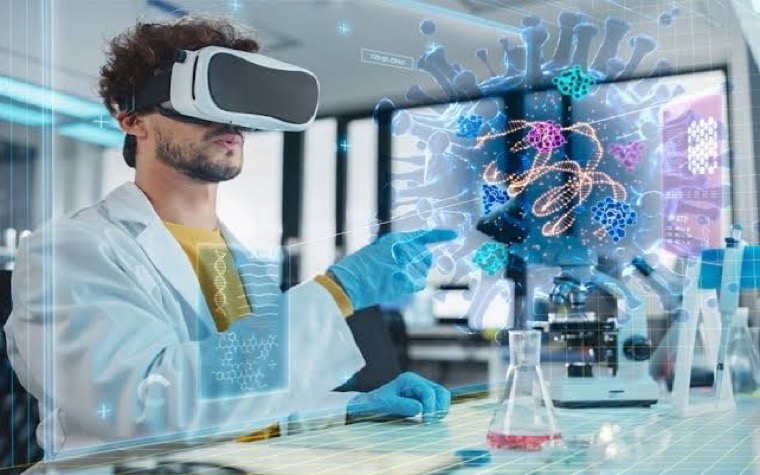 Clinician using an AR/VR headset to study a molecular model