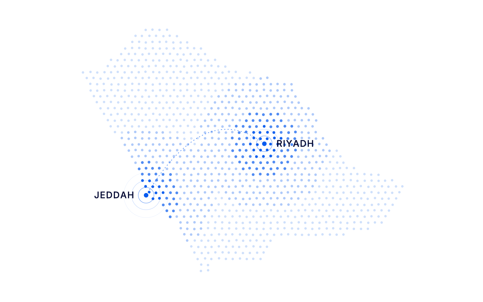 خريطة منقّطة للمملكة العربية السعودية مع تحديد الرياض وجدة، لقطة من قصة Medixcel